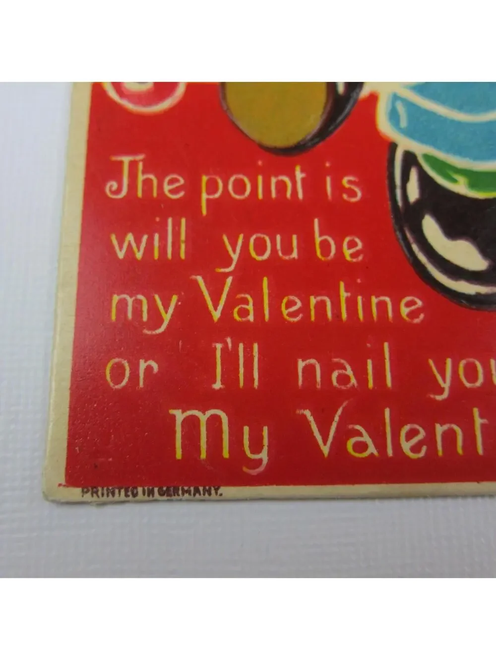 Antique Valentine Card Comical Boy Thumb Tack Chair Pun LARGE Die Cut Stand Up
